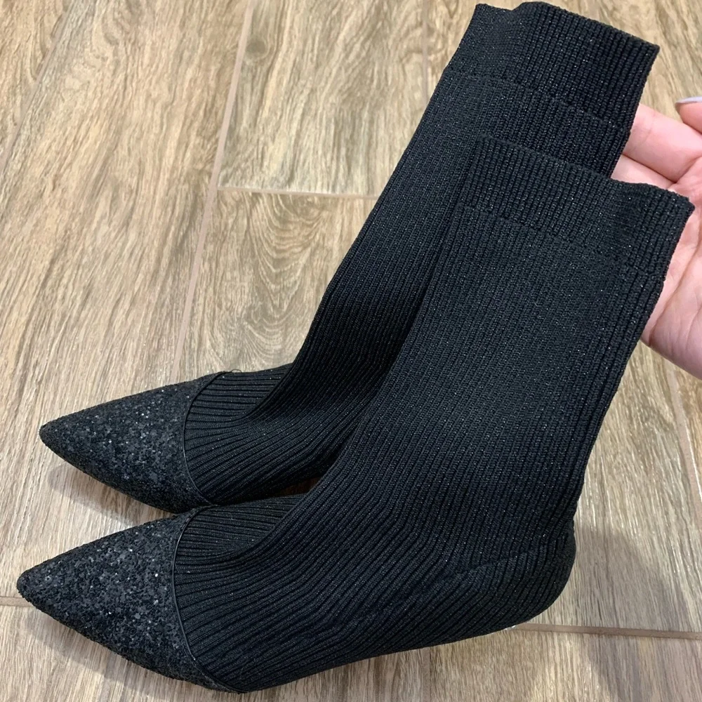Miu Miu Black Glitter Sock Ankle Boots with Jeweled Heel